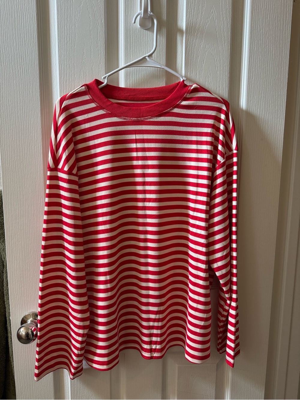 Oversized Red & White Striped Long-Sleeve Shirt